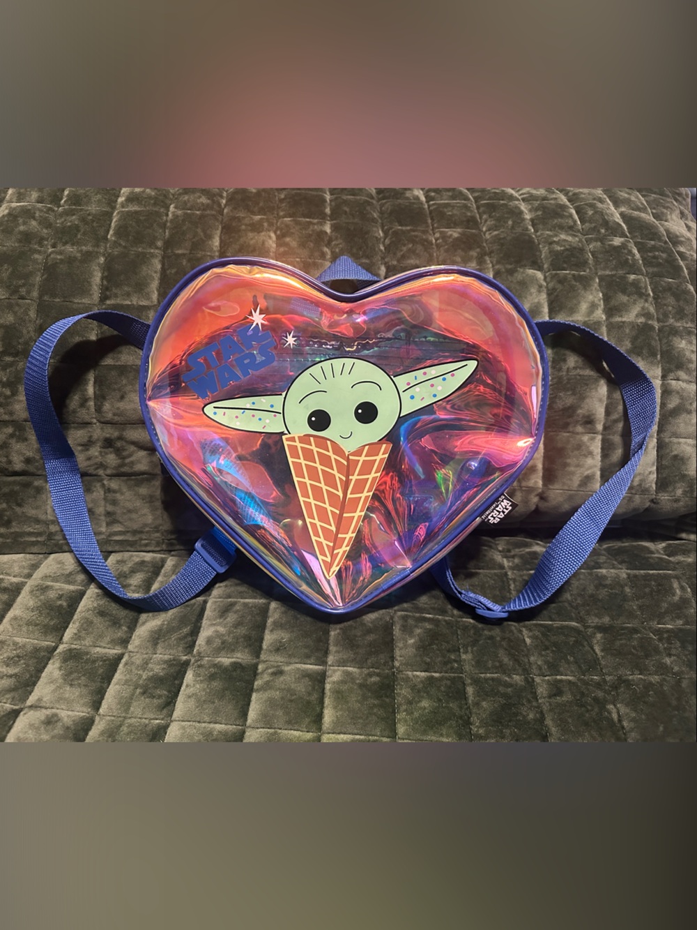 Star Wars Grogu Holographic Pink Heart Bag with Blue Strap